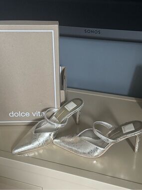 Dolce Vita Silver Metallic Pointed Toe Strappy Mule Heels